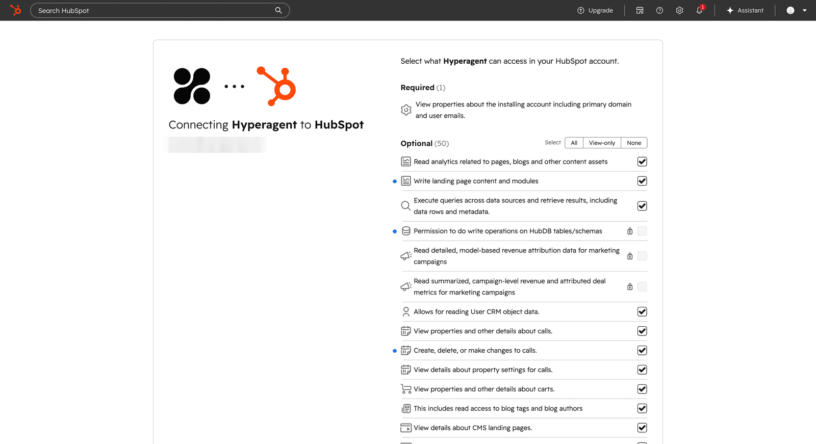 HubSpot's permission approval screen listing what Hyperagent can access