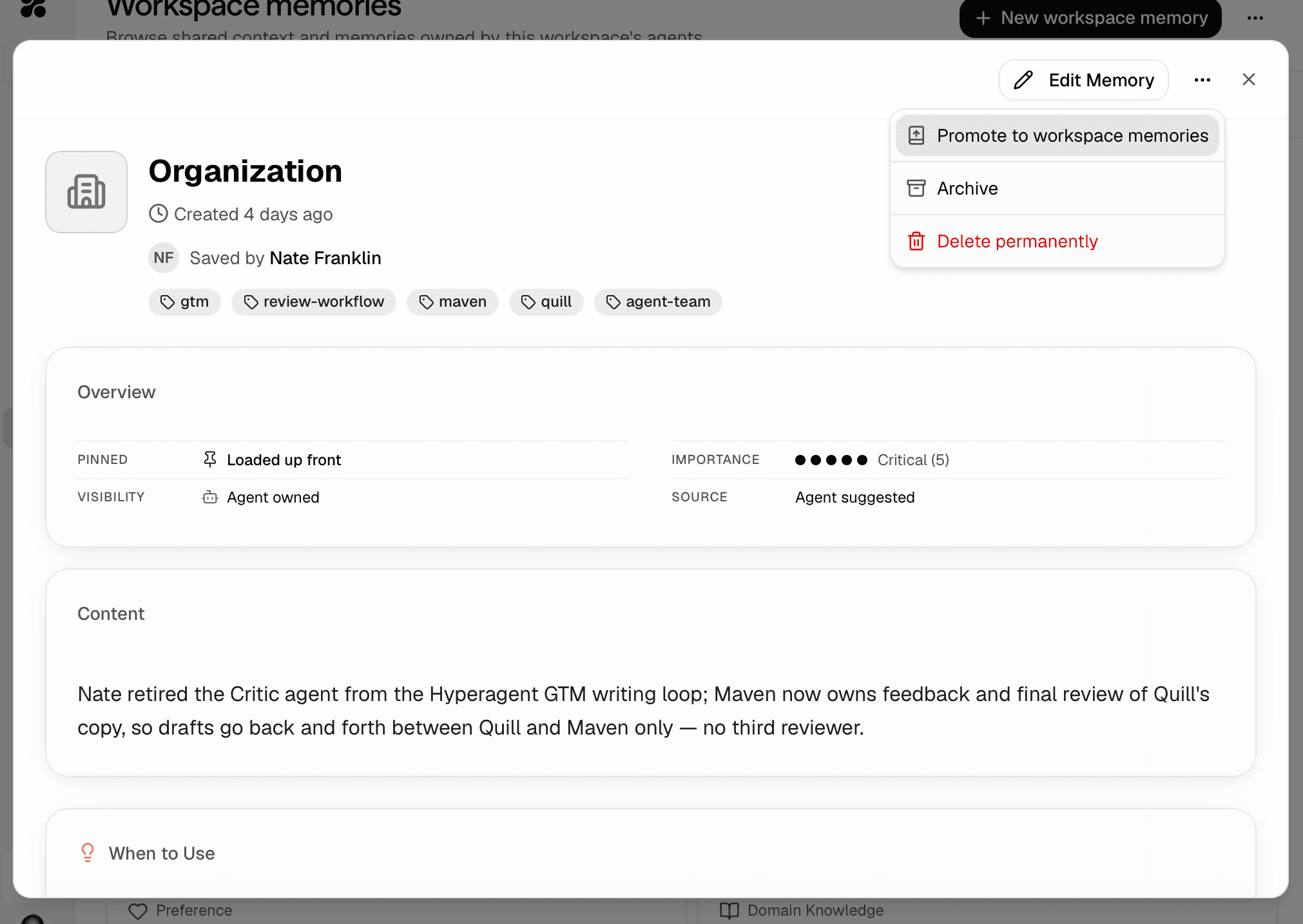 Agent-owned Organization memory with its menu open on Promote to workspace memories.