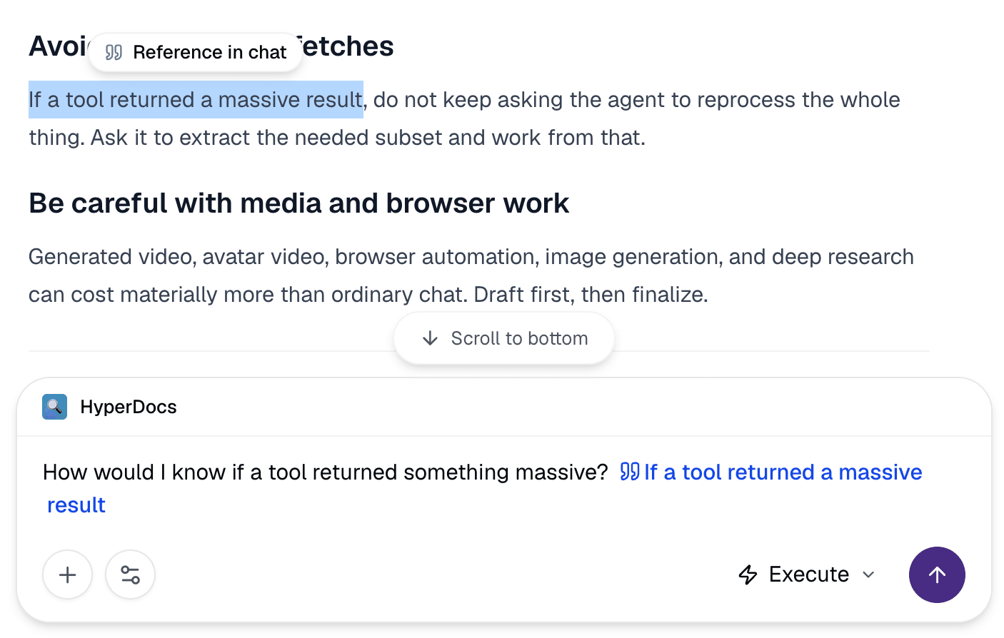 Selected document text added to the prompt box as a reference.