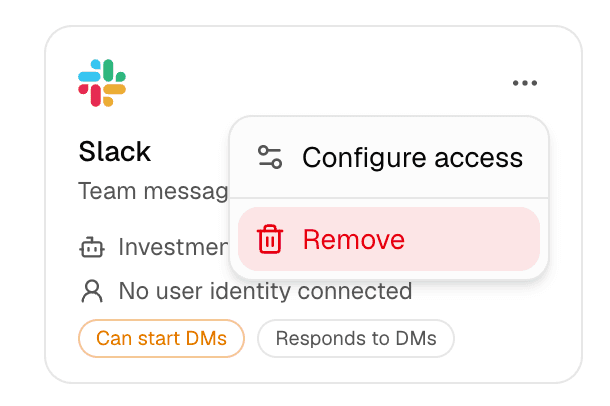 An agent's Slack integration card with its three-dot menu open and the Remove option highlighted.