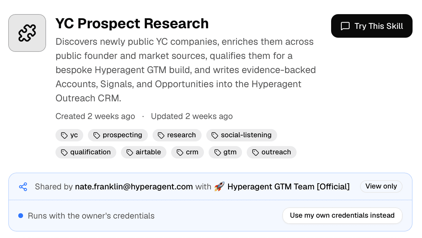 Shared personal skills stay with their author; the Workspace uses them by reference.