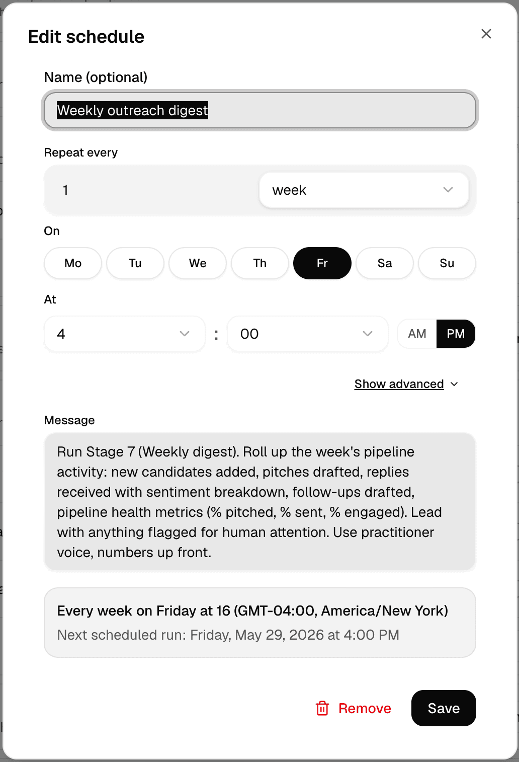 Filled schedule editor with name, weekly cadence, timezone, and standing prompt.