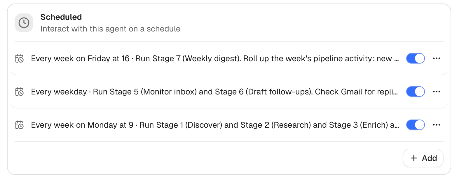 The schedule configuration screen where you can set a timer for an agent to run on a regular cadence.