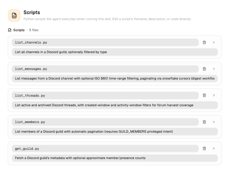 Scripts section of a Discord Server Reader skill with five named Python scripts and descriptions.