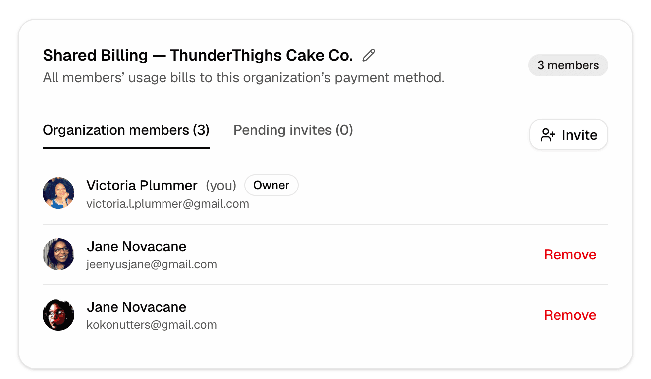 Shared Billing organization showing the Owner, organization members, pending invitations, and controls to invite or remove members.