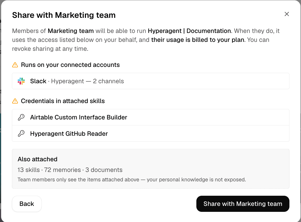 Share agent modal showing connected accounts and attached knowledge.