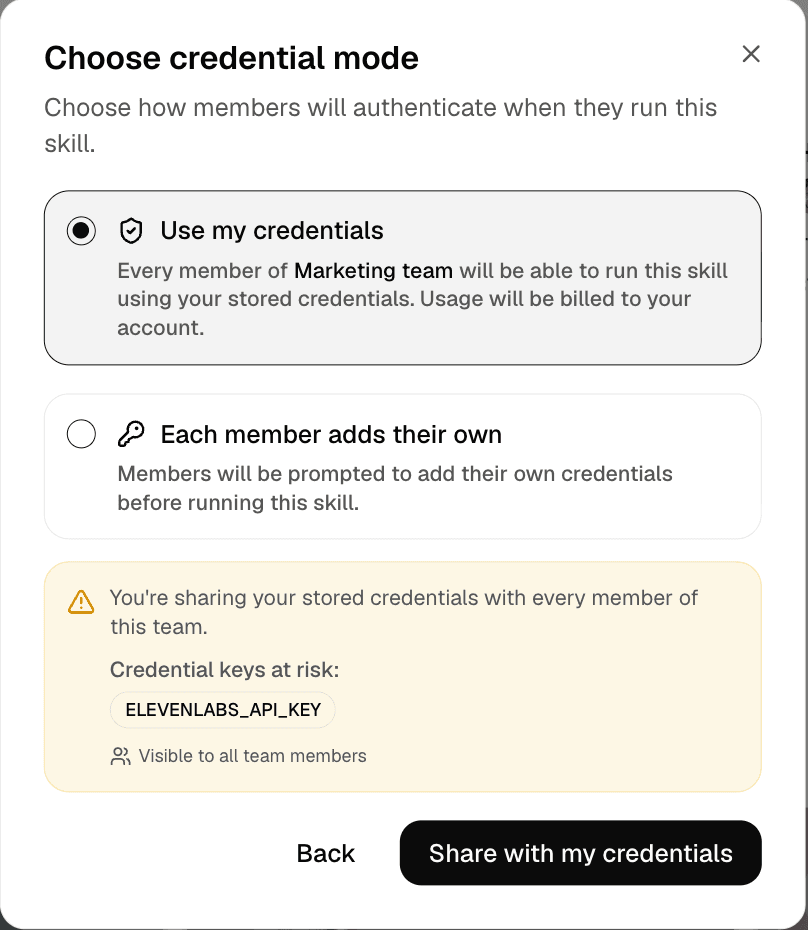 Credential mode when sharing a skill.