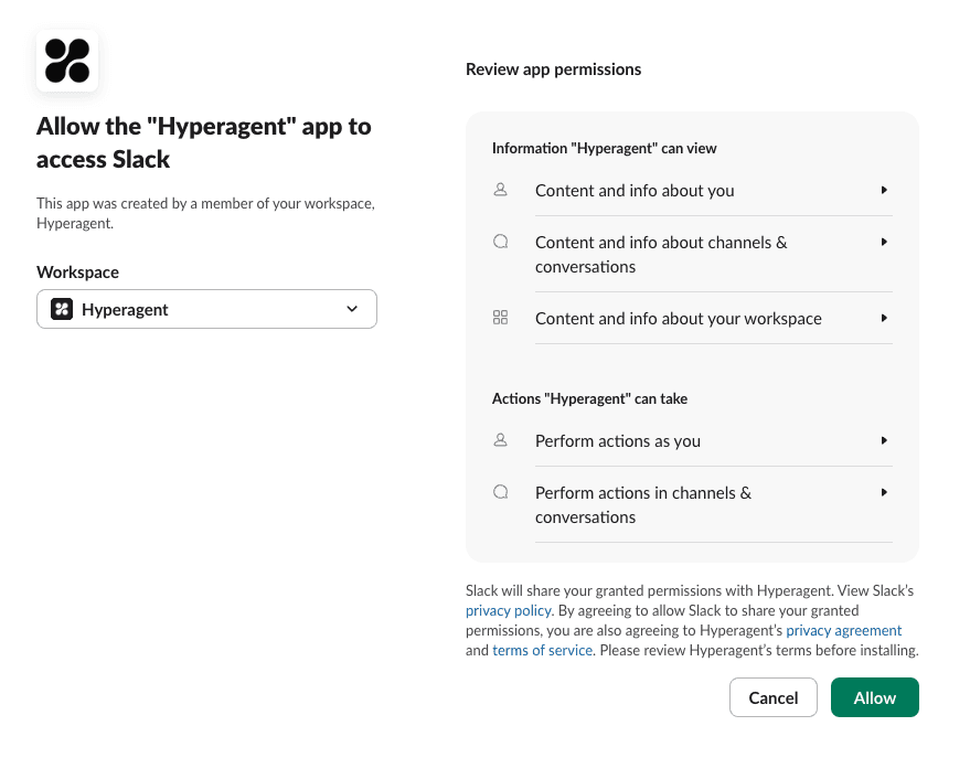 The Slack authorization screen, showing the permissions Hyperagent requests.