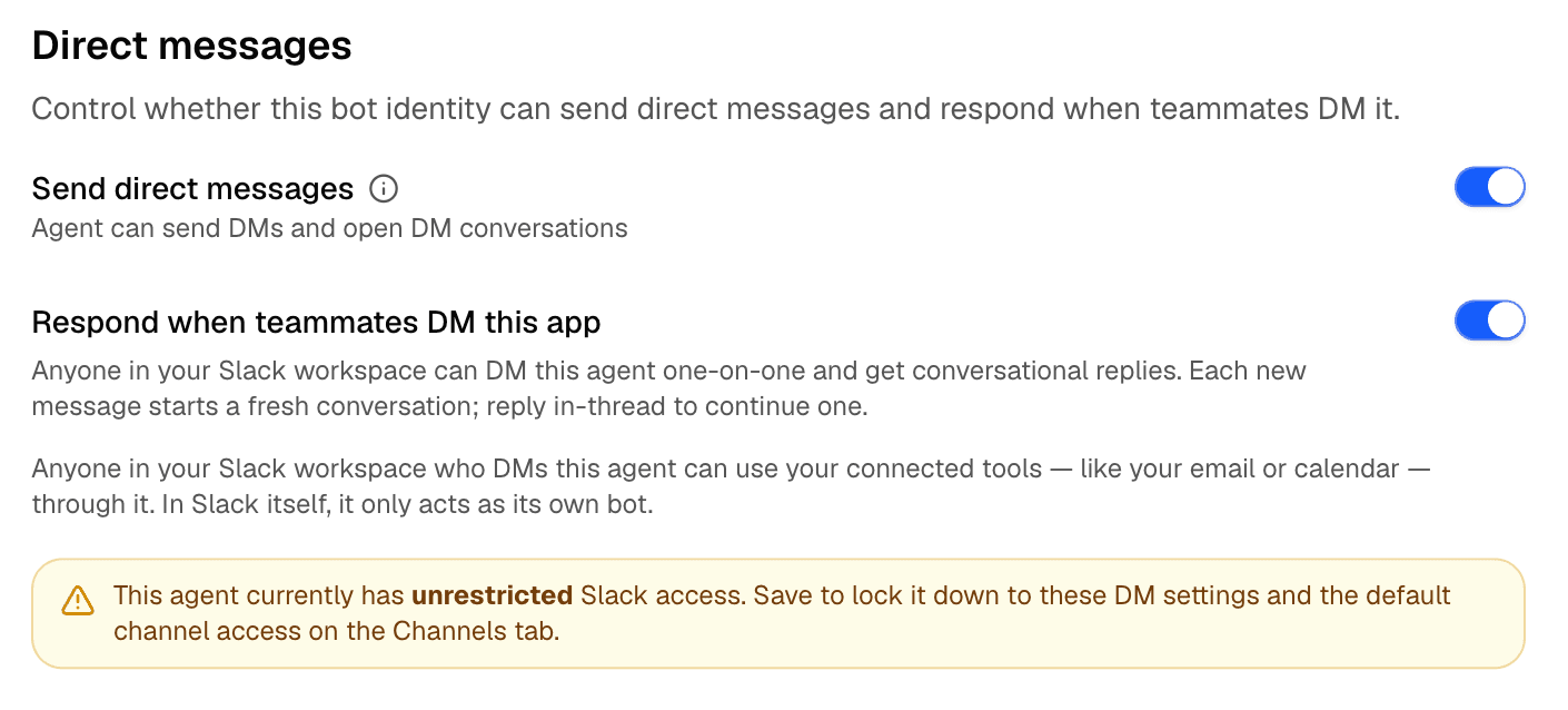 The Direct messages settings, with toggles for sending direct messages and responding when teammates DM the app.