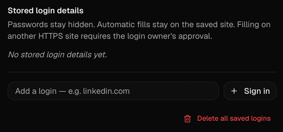 Stored login details showing the Add a login field, Sign in button, and Delete all saved logins control.