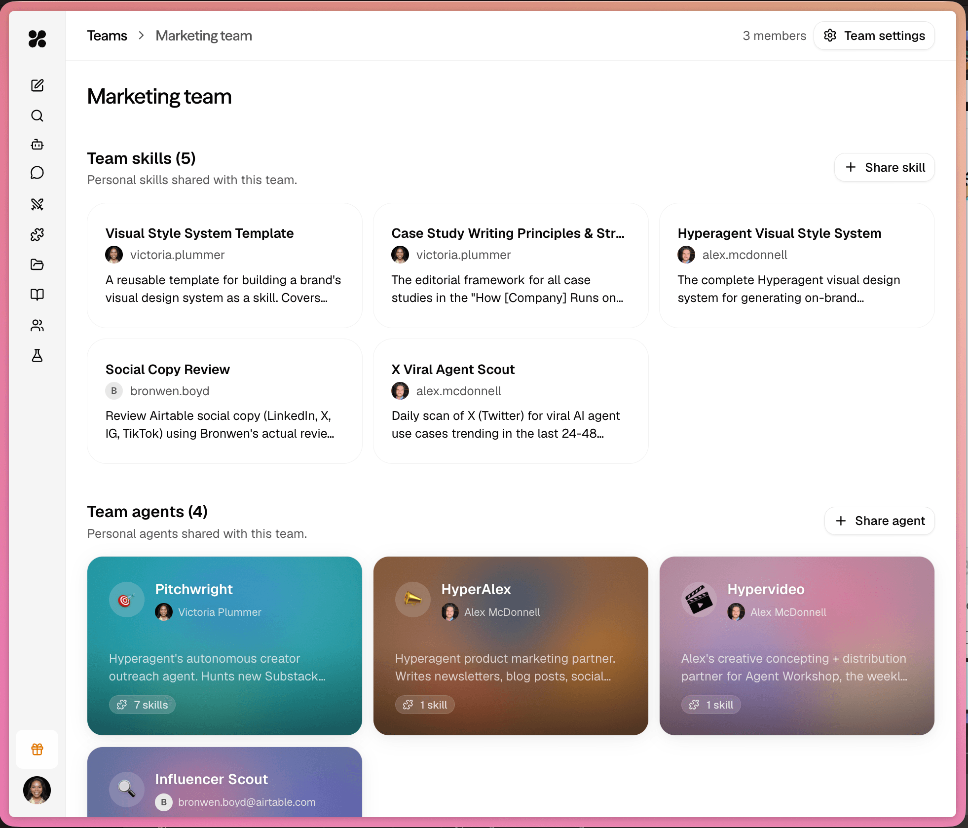 Team workspace showing shared skills and shared agents.