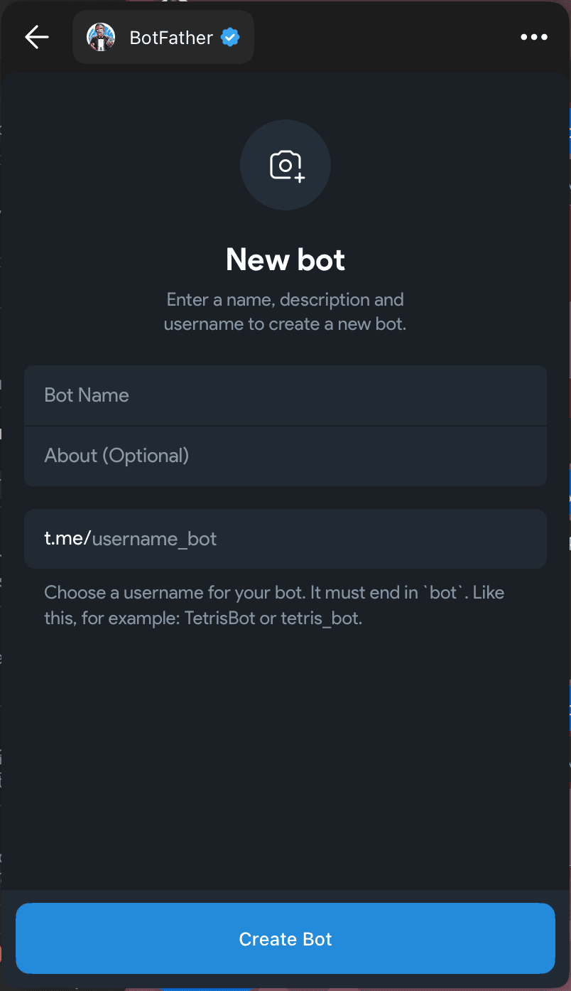 BotFather's New bot form with fields for the bot name, optional description, and username