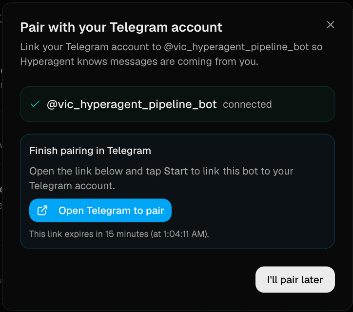 The Pair with your Telegram account dialog with an Open Telegram to pair button and expiration time