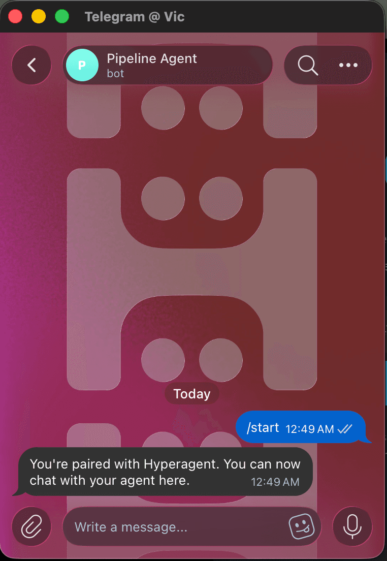A Telegram chat showing the start command and confirmation that the account is paired with Hyperagent