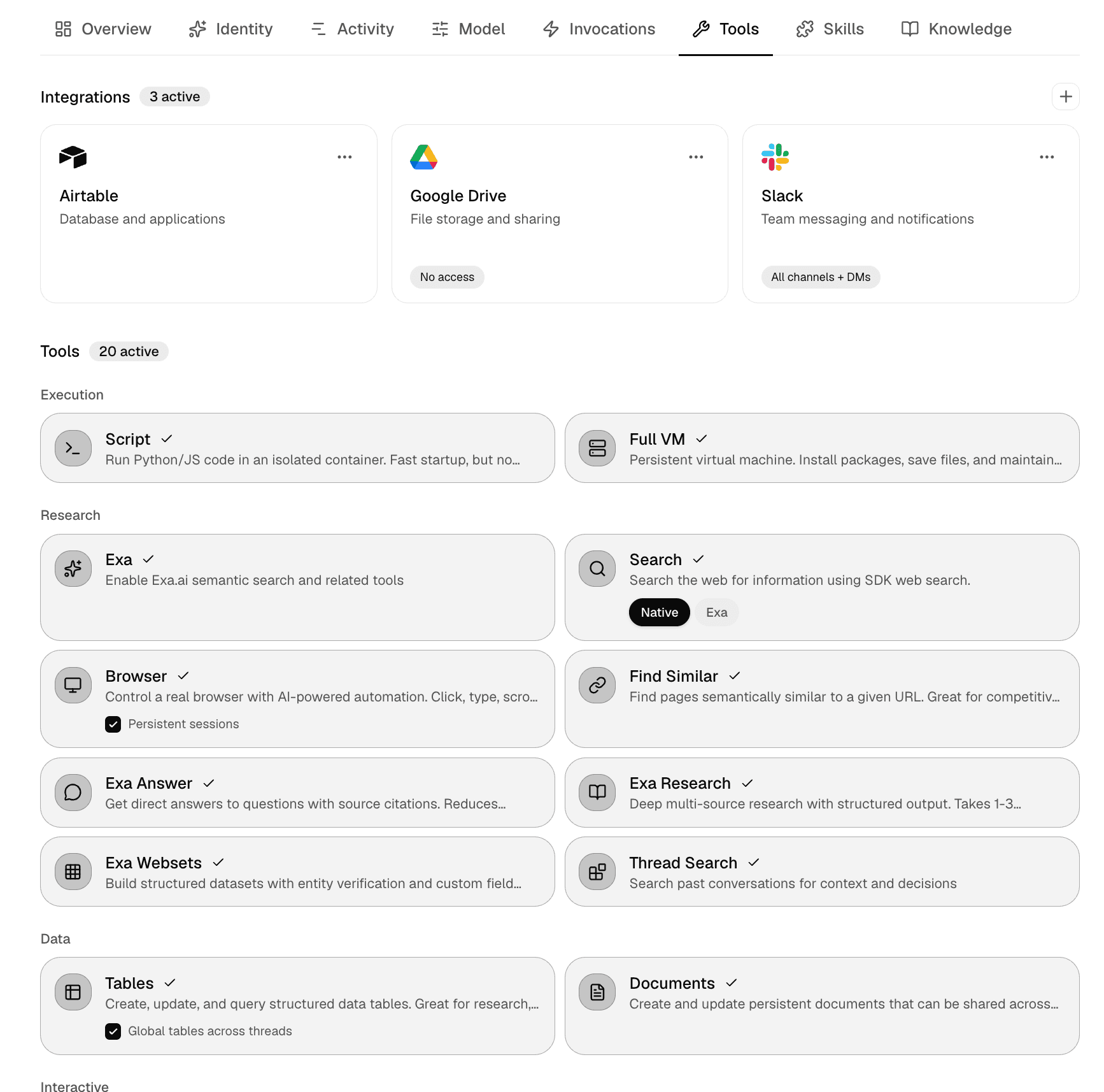 Tools and integrations allowed on the agent.