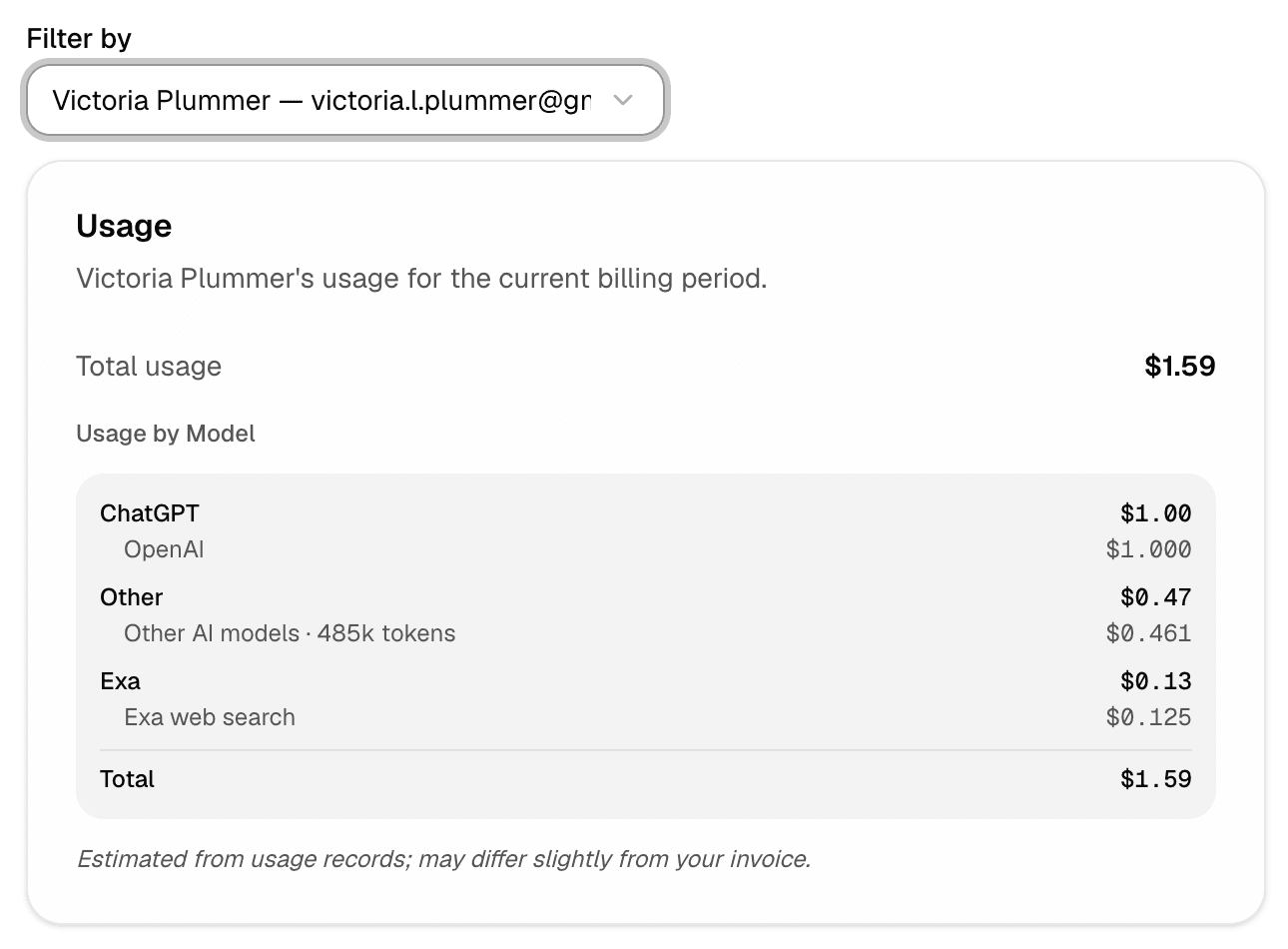 Account-level Usage report showing a selected member's total usage for the current billing period and a breakdown by model and service.