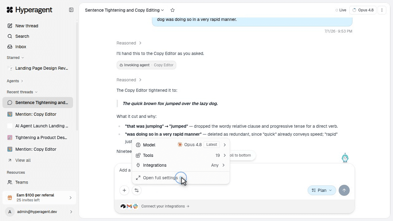 Manage thread settings from the prompt box