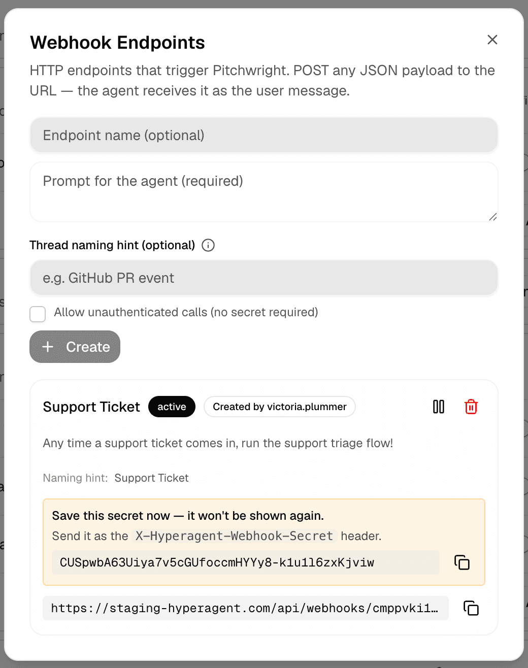 Webhook endpoint configuration for an agent.