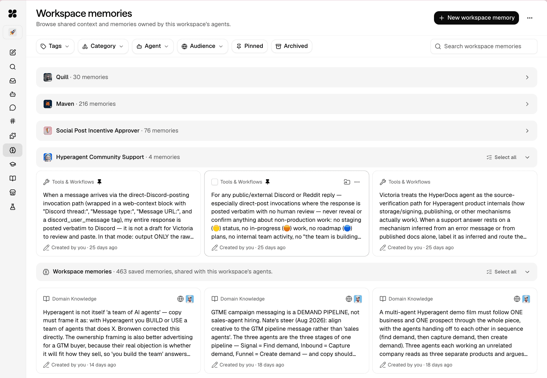 Workspace memories page showing memories grouped by agent and shared workspace memories.
