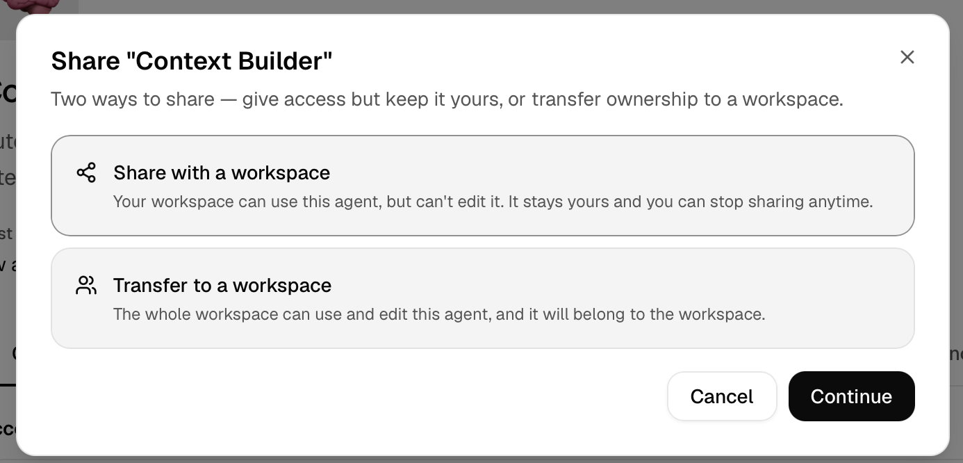 Share Context Builder dialog offering Share with a workspace or Transfer to a workspace.