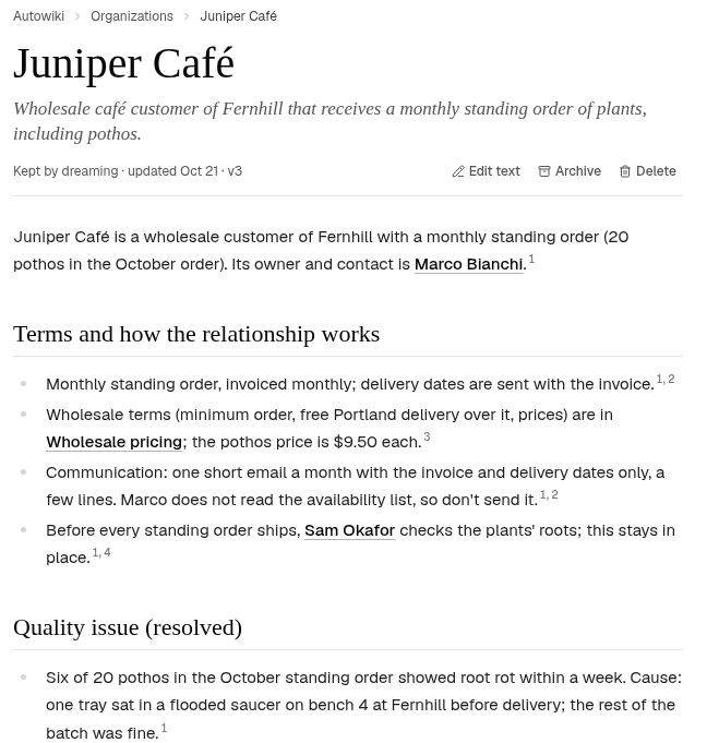 Juniper Café's page title, standing-order terms, communication preference, root-check rule and resolved-issue heading.