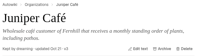 Juniper Café's page header, summary, current version details and Edit text action.