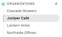 The Organizations page list with Juniper Café selected.