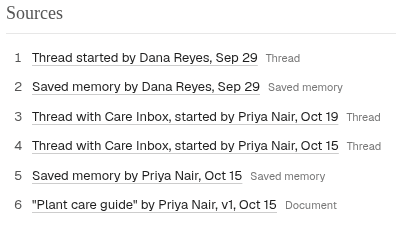 The Sources heading and list of source threads, saved memories and the Plant care guide document.