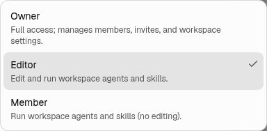 The workspace role menu lists Owner, Editor and Member with their descriptions.