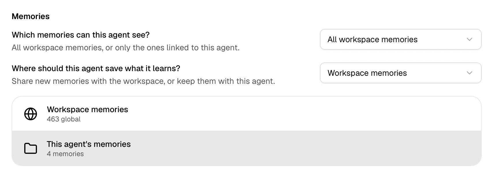 Agent memory settings with selectors for readable memories and the save destination.
