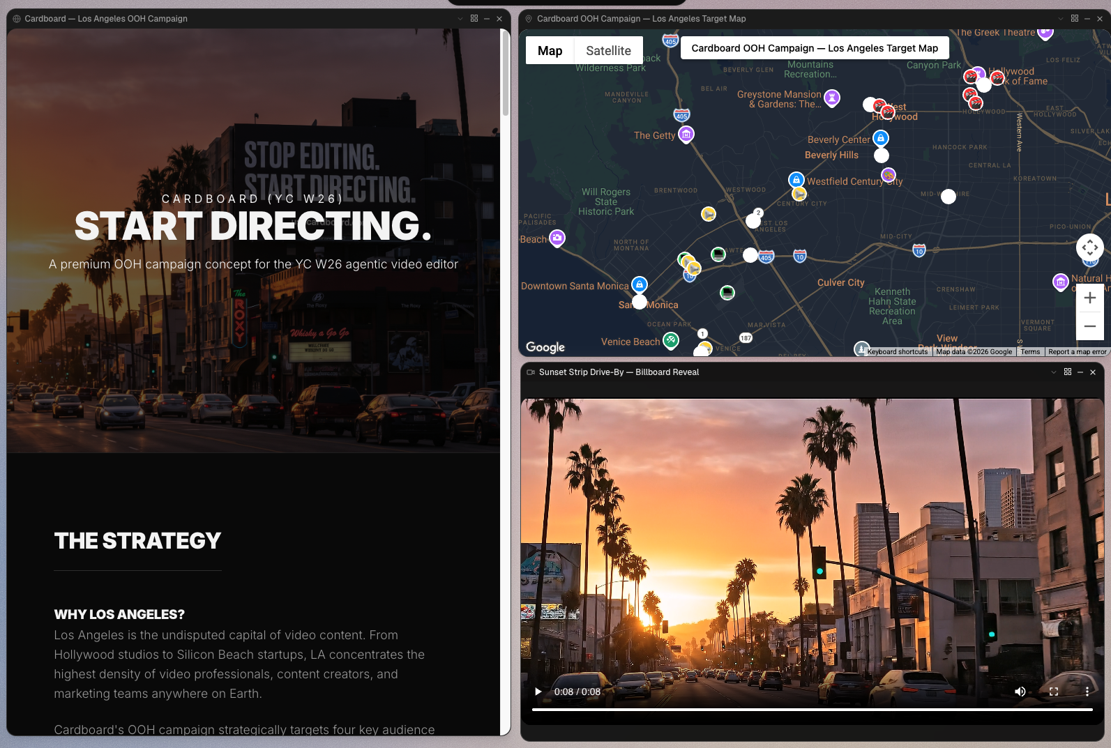 Cardboard LA campaign storyboard with target map and billboard reveal