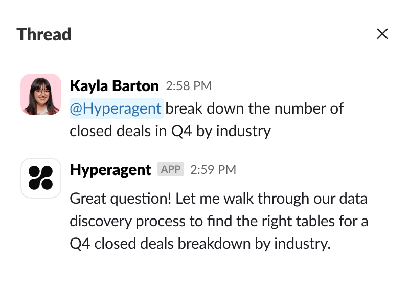 Slack thread with a Hyperagent reply about Q4 closed deals