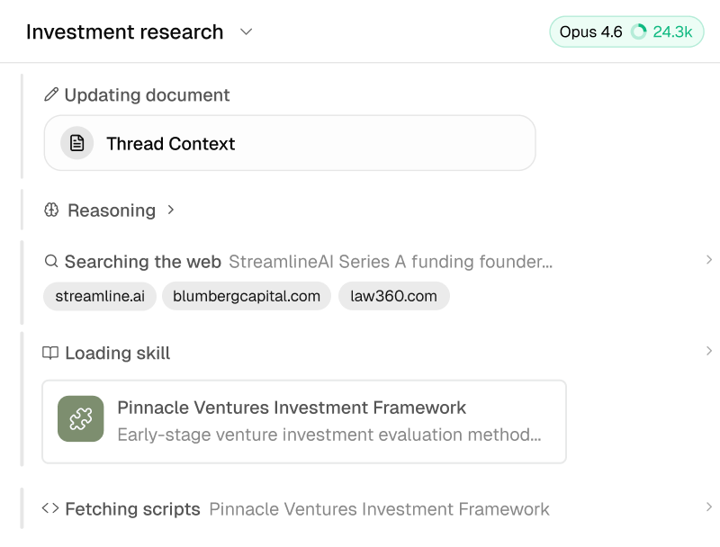 Investment research agent thread showing web searches and loaded skills